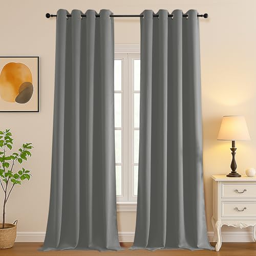 Image of Simplebrand Light Grey Room Darkening Curtains for Bedroom Living Room 108 Inches Long 2 Panels Set, Thermal Insulated Curtains & Drapes, Solid Grommet Noise Reducing Window Treatment, W50 x L108 Inch