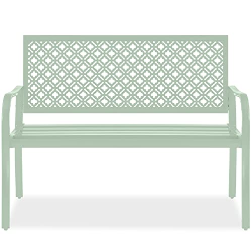 Best Choice Products Outdoor Bench 2-Person Metal Steel Benches Furniture for Garden, Patio, Porch, Entryway w/Geometric Backrest, 790lb Capacity - Mint Green