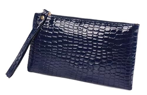 Women’s Crocodile Pattern PU Long Wallet - Stylish Litchi Grain Coin Purse with Zipper Pocket for Phone and Credit Cards(Navy blue)
