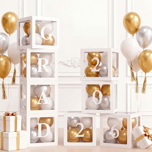Ledido 2026 Graduation Balloon Boxes Decorations, 4 Pieces White Clear Grad Balloon boxes with Letters, Class of 2026 Graduation Party Supplies for College, High School, Prom, Birthday, Baby Shower