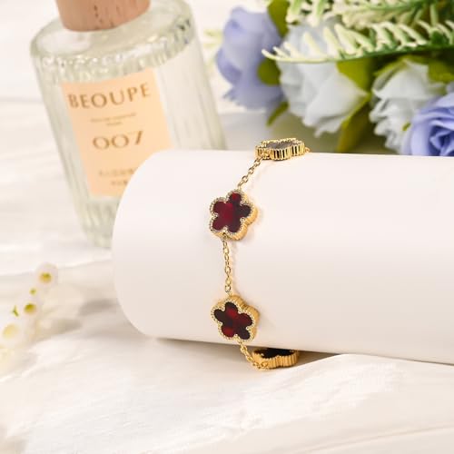 Snyxdrae Women's Four-Leaf Clover Bracelet Hypoallergenic Stainless Steel 18K Gold Plated Adjustable Lucky Clover Bracelet four leaf clover jewelry (Dark red clover bracelet) by Snyxdrae - Used condition - Image 4