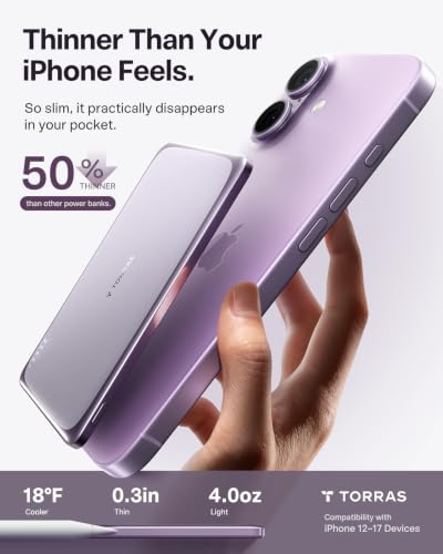 Image of TORRAS MiniMag Pro Power Bank, Ultra Slim Semi Solid-State Portable Charger, Wireless 5,000mAh Magnetic Battery Pack, Fast Charging, Travel Essential for iPhone 17 /16 /15 /14 /13 /12, Lavender Purple | Ultra Slim Portable Charger, Semi Solid-State Battery Pack, Wireless Fast Charging, iPhone 17 /16 /15 /14 /13, Travel & Daily Use