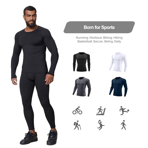 JOYWEST 4 Pack Men Fleece Lined Thermal Shirt Long Sleeve Compression Base Layer Thermal Tops Fleece Lined T-Shirt for Sport4