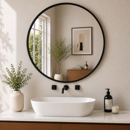 Image of Plantex Aluminium Frame Mirror for Wall /Mirror for Bathroom /Round Mirror for Bathroom /Wall Mount Mirror for Bedroom /Dressing Room /Living Room /Entryway - Shatterproof Mirror (24inch-Brushed Black)