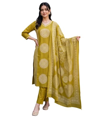 Image of INDO ERA Women's Pure Cotton Printed Thread Work Straight Kurta & Pant with Dupatta Set | Cotton Kurta Set For Women