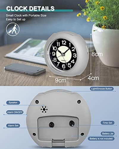 FIOLOM Silent Alarm Clocks Bedside Non Ticking Battery Powered Simple Luminous Analogue Alarm Clock Glow in the Dark Desk Clock with Light Snooze Quiet Bedroom Clocks for Heavy Sleepers Table Office