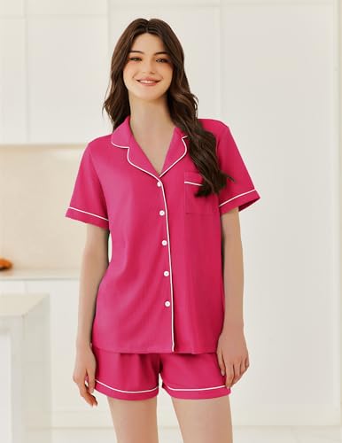 Image of Ekouaer Womens Waffle Knit Pajama Sets Soft Short Sleeve Button Down Sleepwear Cozy 2 Piece Pjs Shorts Set