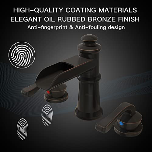 Bwe Waterfall Widespread Bathroom Faucet 3 Hole Sink Farmhouse With Oil Rubbed Bronze Bath Bathtub Faucets Pop Up Drain Stopper Assembly And Supply Line Lead-Free 8-16 Inch 2 Handle Vanity Lavatory #TOP6