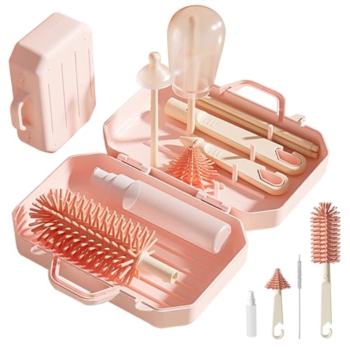 6 en 1 kit de limpiador de botellas de viaje con rejilla de secado, cepillo de biberón de silicona, cepillo de paja, pezón, dispensador de jabón y caja de almacenamiento, kit portátil de limpiez