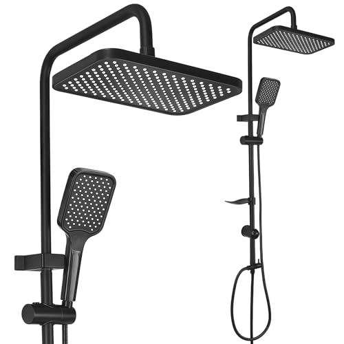 Columna de Ducha Negra, Columna de Ducha de Hidromasaje sin Grifo, Juego de ducha Altura Ajustable sistema de ducha sin grifería, 2 en 1, con ducha de lluvia grande (285 x 185 mm) y Ducha de Mano