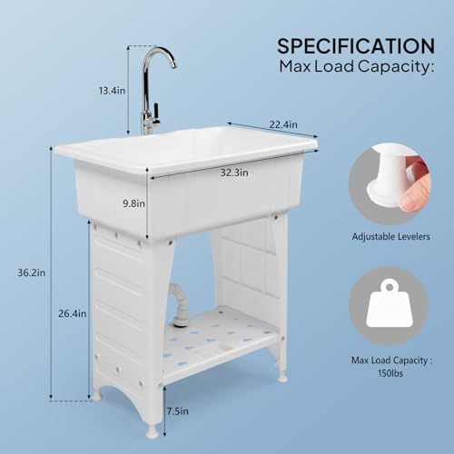 Image of VINGLI 20-Gallon Utility Sink Laundry Tub for Washing Room, Freestanding Utility Sink with Stainless Steel Faucet, 22 inchD x 32 inchW x 36 inchH White