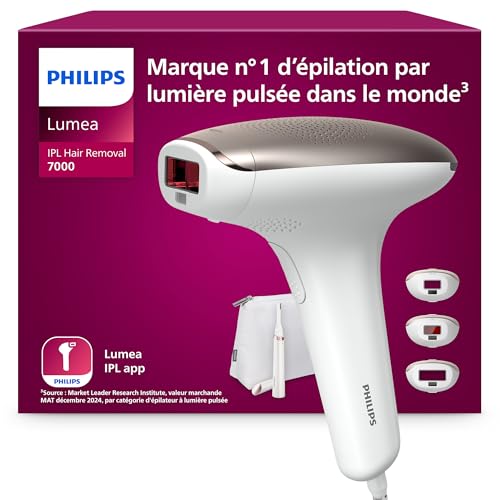 Philips Lumea série 7000, Épilateur à lumière pulsée, alternative à l'épilation laser, avec tondeuse-stylo Satin Compact, 3 embouts pour le corps, le visage et le maillot, modèle BRI923/00