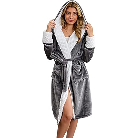 Nadeer Women Dressing Gown Ladies Soft & Cosy Hooded Dressing Gown Fluffy Fleece Winter Warm Ladies Bathrobe Loungewear Cover