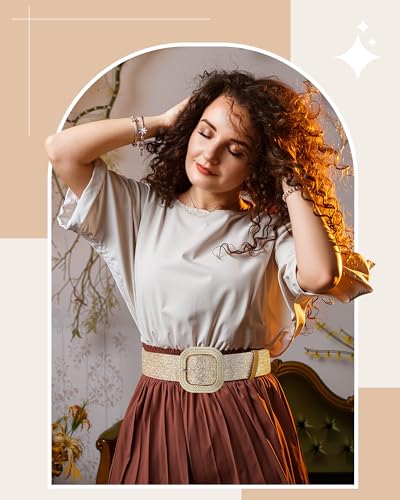 Image of WILLBOND 4 Pcs Women's Elastic Raffia Woven Belt, Boho Rattan Buckle Stretch Straw Wide Waist Belt for Dresses Jeans Pants