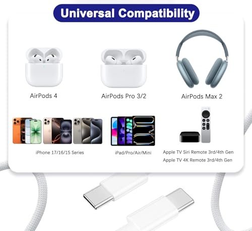 Image of 10FT AirPods Pro 3 Charger Fast Charging,USB C Wall Block Plug&10Foot USB C to C Woven Cable Cord for NEW AirPods Pro 3(2025) / Pro 2,AirPod 4,Air-Pods Max 2 Wireless Earbuds, iPhone 17 /17e /16 /15