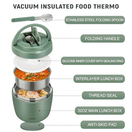 Image of Itslife 32oz Insulated Soup Thermo, Vacuum Stainless Steel Food Jar for Hot & Cold Food, Leakproof Wide Mouth Lunch Container with Spoon, Green