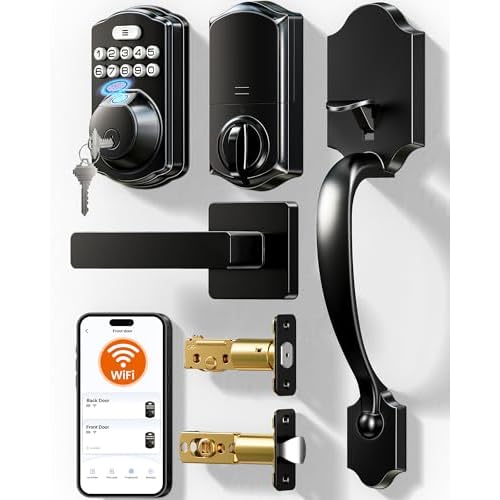 Veise VE012W-H WiFi Smart Front Door Lock Set, Built-in WiFi, App Remote & Voice Control, Fingerprint Keyless Entry Smart deadbolt with Handle, Backlit Keypad, Auto Lock, IP55 Waterproof, Ma