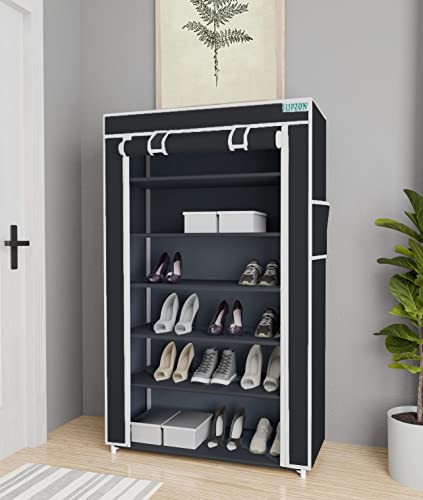 Image of FLIPZON Premium 6-Tiers Shoe Rack /Multipurpose Storage Rack with Dustproof Cover (Iron Pipes, Non Woven Fabric, Plastic Connector) (Black)