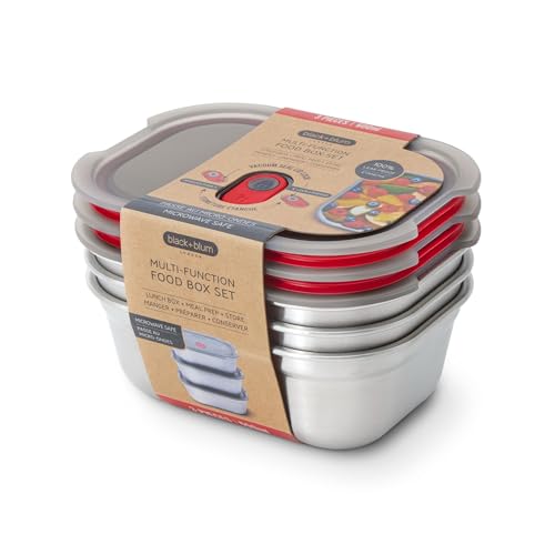 BLACK + BLUM - Lot de 3 Boîtes Repas Hermétiques - Compatible Micro-Onde, Lave-Vaisselle, Four et Congélateur - Couvercle Sécurisé - 3 x 600 ml - Gris/Rouge