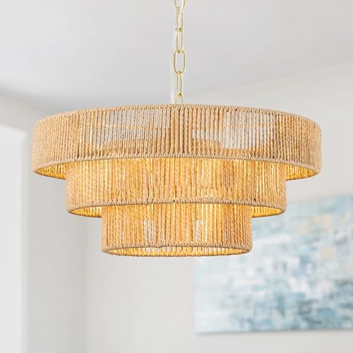 Mikeru Bohemian Pendant Light, 40cm Rattan Pendant Light, E12 Head, 3 Lights Height Adjustable to 1.5m, Natural Rattan Fixture for Dining Room, Living Room, Bedroom, Hallway, Tea Room