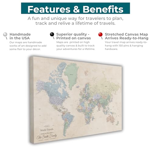 Image of Push Pin Travel Maps Sandy Dreams World Pin Board - Personalized Stretched Canvas Travel Map with Pins, Adventure Wall Art Decor for Tracking Trips - 30 inch x 45 inch