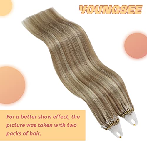 YoungSee Micro Ring Hair Extensions Brown 16inch Micro Bead Hair Extensions Light Brown with Blonde Highlight Micro Loop Human Hair Extensions for Long Lasting Cold Fusion 50g Silky 50s - Image 2