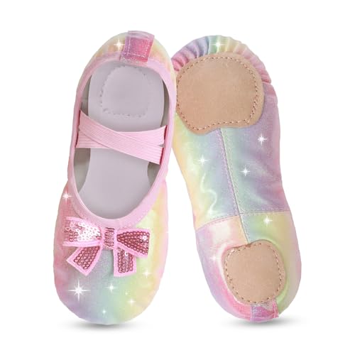 Zapatillas de ballet para niñas, niños pequeños, zapatillas de ballet con purpurina, diseño con un lindo arco dividido zapatos de ballet, arco iris, 35 EU