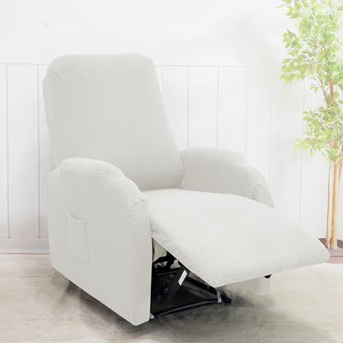 cjc Recliner Chair Cover 4-Pieces, Small Reclining Chair Covers with Pockets, Stretch Jacquard 1 Seat Recliner Couch Slipcovers, Anti-Slip Furniture Protector for Dogs Home Theater Seating (White) by cjc - Image 9