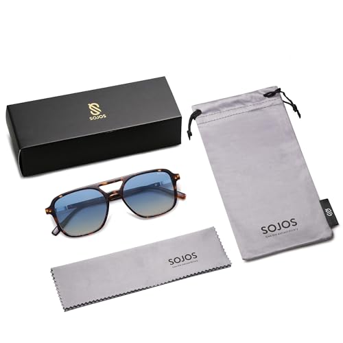 SOJOS Retro Aviator Sunglasses for Women Men,Trendy Rectangle Womens Mens Shades Sun Glasses SJ2202 Tortoise Frame Blue Grading Lens