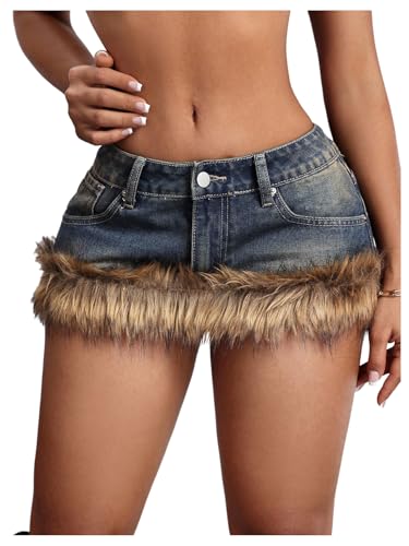 SHENHE Women's Y2k Low Rise Denim Mini Faux Fur Trim