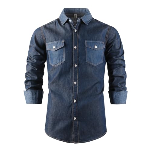 Image of Tianerhay Men's Denim Shirt Cotton Blend Lightweight Western Cowboy Shirt Long Sleeve Casual Work Shirts 2 Dark Blue M