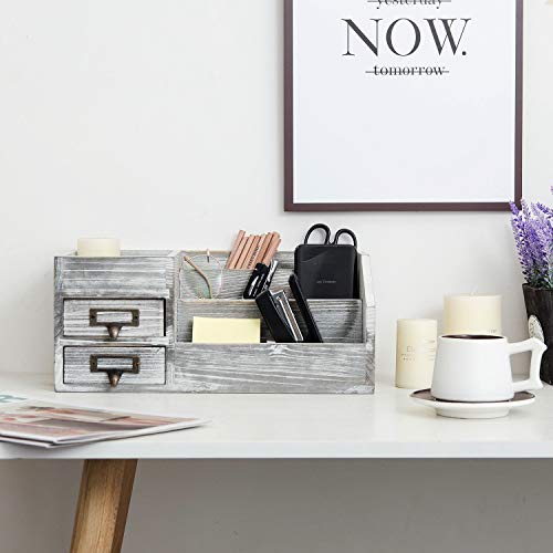 Distressed Rustic Wooden Office Desktop Organizer Wood Shelf Tabletop Home Organizer Storage With Multiple Compartments 2 Tier Drawers,Perfect Jewelry Storage Display Box For Desk, Vanity (Gray) #TOP5
