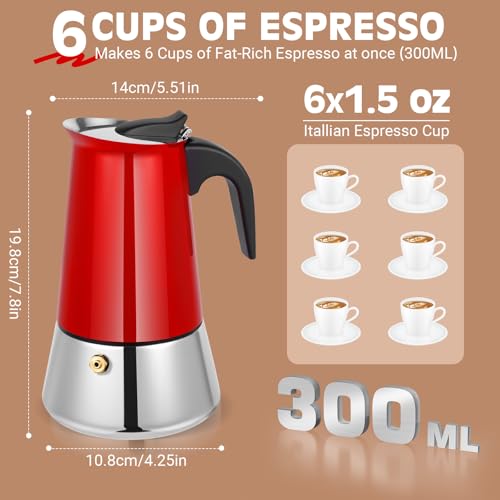 Image of Moka Pot, 6 Cups (10.6 oz) Stovetop Espresso Maker, 304 Stainless Steel Moka Pot, Induction Compatible, Red