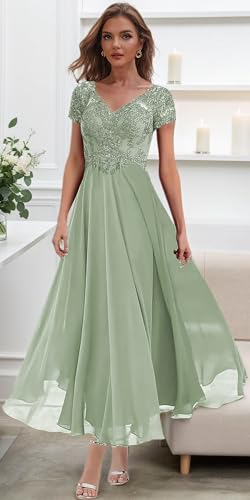 Tea Length Mother of The Bride Dresses with Sleeves V Neck Formal Dress for Women Lace Evening Gown4