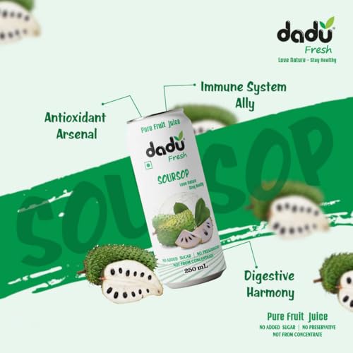 Image of Dadu Fresh Soursop Juice - Pure Fruit Healthy Beverage, No Added Sugar, All-Natural Drink Packed with Antioxidants and Vitamin C - Supports Immunity and Wellness | 250 ML Can | (Pack of 4) (Pack of 4, Soursop Juice)