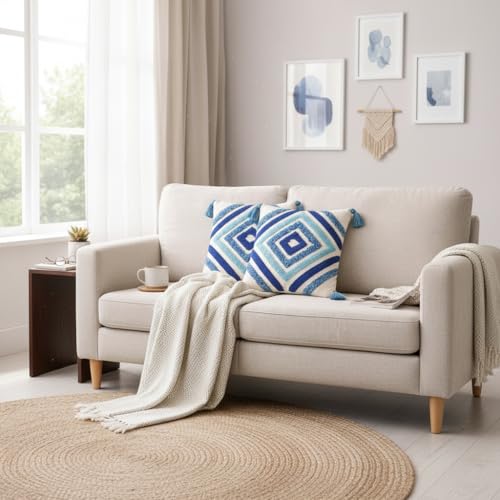 Image of RRC Boho Throw Pillows 16x16 Inch Set of 2 - Soft Mid Century Modern Decorative Pillow Covers, Aesthetic Cushion Cases for Couch, Sofa, Bed & Bedroom Decor (Blue, 16X16(Inches))