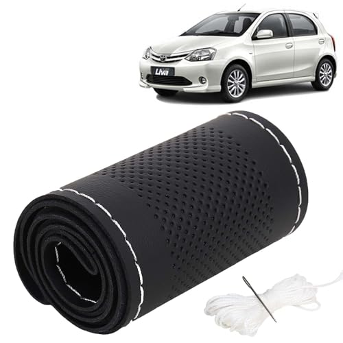 Image of KINGSWAY PU Leatherite Car Steering Cover Sewable Compatible with Toyota Etios Liva (Year 2010 Onwards), Black Color with Silver Thread, Pack of 1 with Sewing Needle and Thread