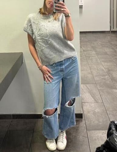 Womens Casual Floral Flower Sweater Vest Crew Neck Sleeveless Summer Loose Ribbed Knit Pullover Tops3