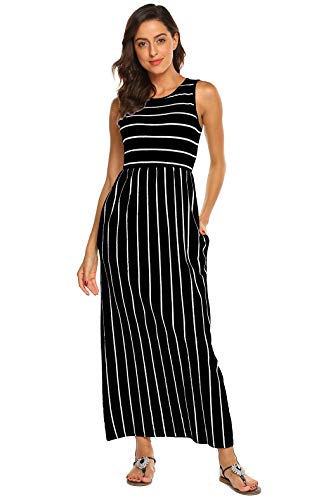 BDTECAOR Damen Sommer Casual Streifen Maxikleid Ärmellos Lockere Strand Swing Tank Kleider Schwarz L 3