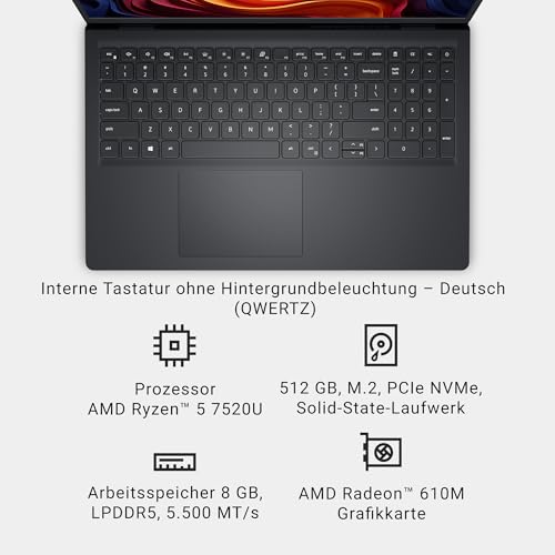 Dell 15 Laptop DC15255 15.6 FHD (1920 x 1080) 120Hz, AMD Ryzen 5 7520U, Radeon 610M Graphics, 8GB LPDDR5 RAM, 512GB SSD, Windows 11 Home, QWERTZ Backlit Keyboard - Black