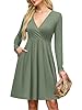 AUSELILY Wrap Dress for Women UK V Neck Flowy Long Sleeve Elegant Casual Dresses with Pockets Knee Length Olive Green M #3