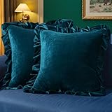MIULEE Velvet Ruffle Throw Pillow Covers Soft Luxurious Teal Pack of 2 18x18 Inch Square Cushions Vintage Gothic Decorative Ruffled Pillow Shams for Sofa Couch Bedroom Chair