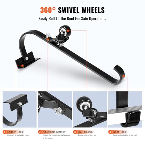 VEVOR Dachleiterhaken, 2er-Set Dachhaken mit festem Rad und Schwenkstange, Leiterstabilisator aus hochbelastbarem Stahl, Dachfirstverlängerung zur Schadensverhütung, Leiterhaken Tragkraft bis 272 kg