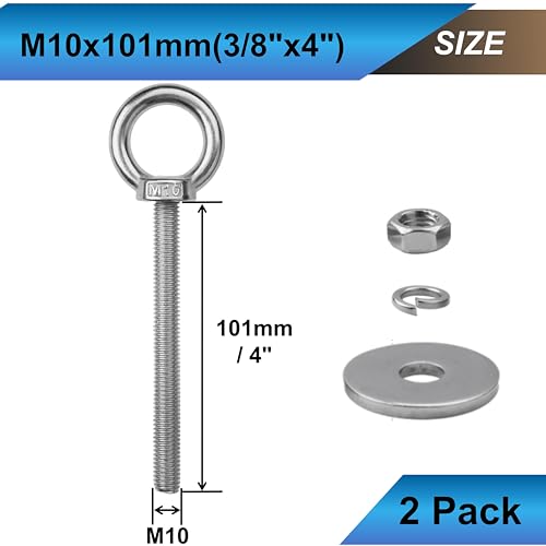 Image of 2 Pack M10 Eye Bolts with Nuts, 304 Stainless Steel 3 /8 inch x 4 inch Heavy Duty Lifting Eye Bolts, Metric M10x102mm Ring Eye Bolt for Hanging, Tie Down, Outdoor & Hardware Fixing (2, 3 /8 inchx4 inch)