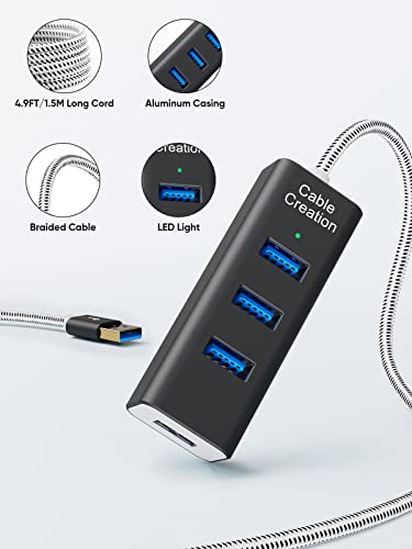 Image of CableCreation 4-Port USB 3.0 Hub with 4.9 Feet Extension Long Cable, 5Gbps Data Rate for MacBook Pro, iMac, PC, Laptop, USB Flash Drives, Surface Pro, XPS, Aluminum Black, 1.5M