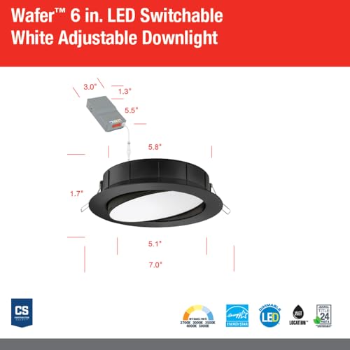Image of Juno WF6 ADJ SWW5 90CRI MB M6 Wafer-Thin LED Downlight, Adjustable Trim, Switchable CCT 2700K, 3000K, 3500K, 4000K, and 5000K, 90+ CRI, Matte Black, 6-Inch