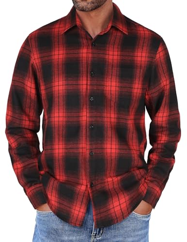 COOFANDY Herren Kariertes Hemd Langarm Freizeit Trachtenhemd Casual Basic Regular Fit Shirt mit Taschen für Männer Rot-Schwarz L