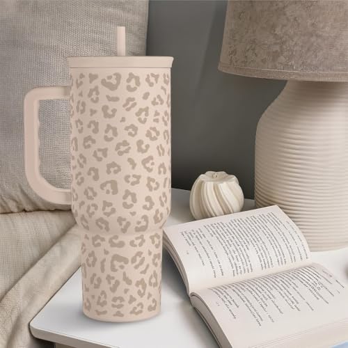 Image of SANDJEST Leopard Tumbler with Handle, Insulated Cup Stainless Steel Travel Mug Cup, Gifts for Women Girl on Birthday Christmas, Tan Leopard, 40oz