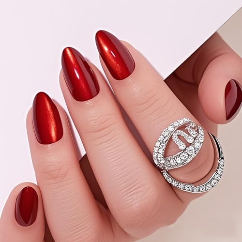 DMQ Red Cat Eye False Nails, 32Pcs Burgundy Glitter Press on Nails Short, Almond Wine Red Shimmer Fake Nails, Full Cover Glossy Stick on Nails with Glue for Women Girls DIY Nail Art Gifts - Image 3