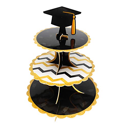 Graduation Cupcake Stand. FOVER 2 Set Black Gold 3Tier Round Cardboard
